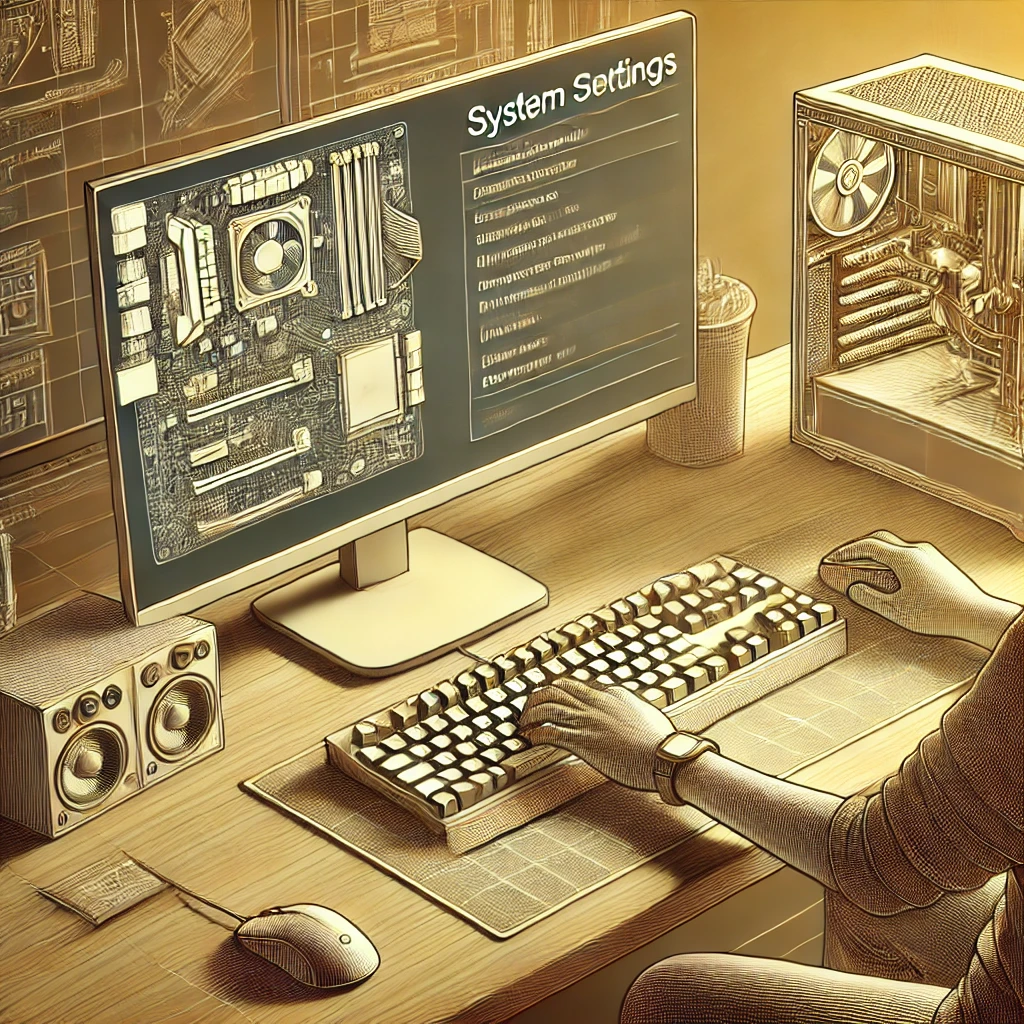 Un utilisateur configurant son PC sur un bureau organisé.