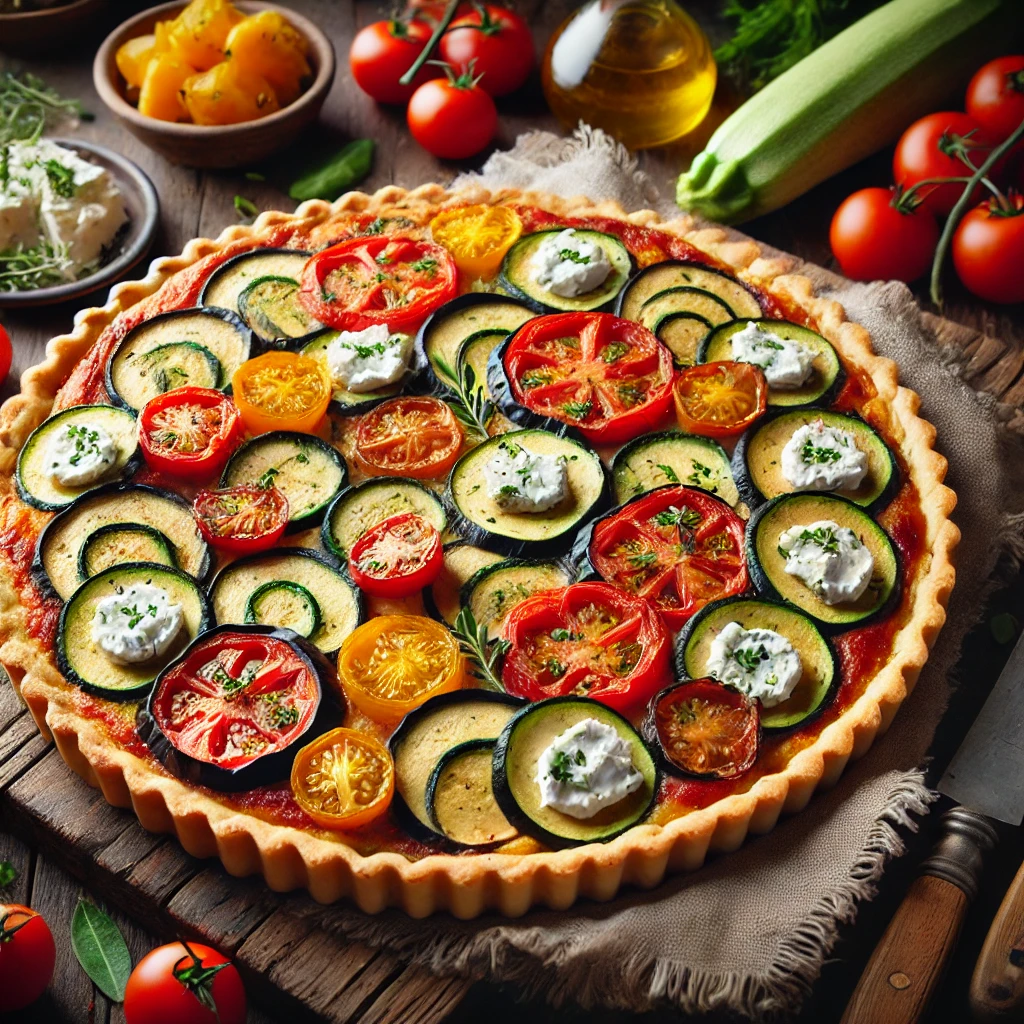 Une tarte aux légumes d’été, colorée et appétissante.