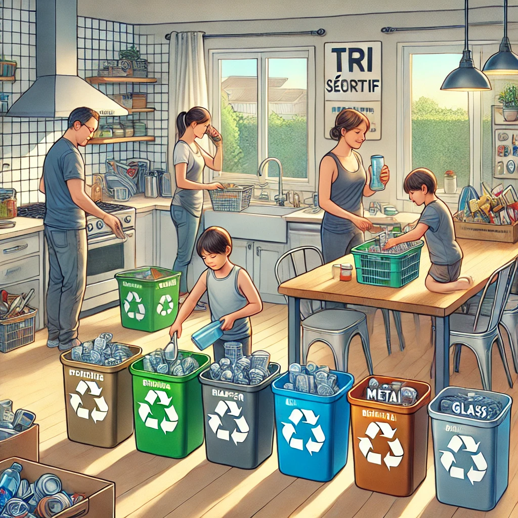 Des poubelles de tri sélectif pour le plastique, le papier et le verre.