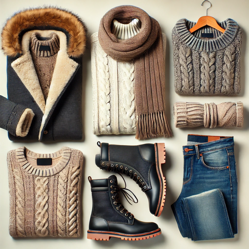 Un assortiment d’accessoires hivernaux élégants, comprenant des écharpes, gants et bonnets.