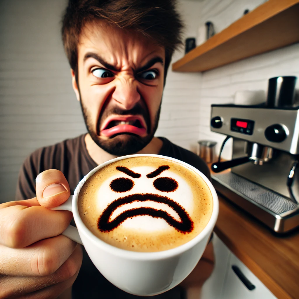 Une tasse de café avec une grimace dessinée sur la mousse