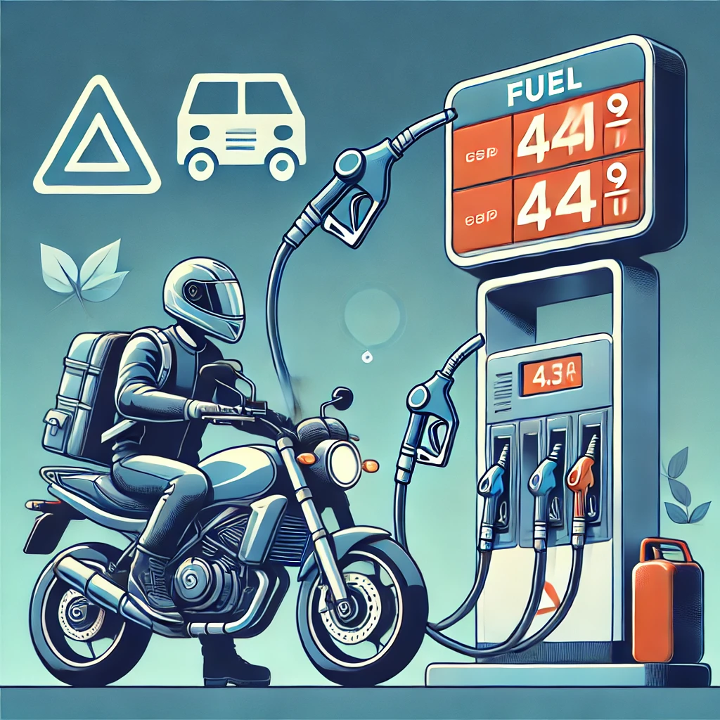 Un motard faisant le plein à une station-service.